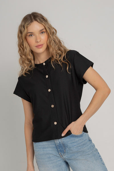 Camisa para mujer negra acanalada con botones dorados