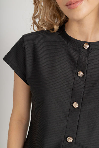 Camisa para mujer negra acanalada con botones dorados